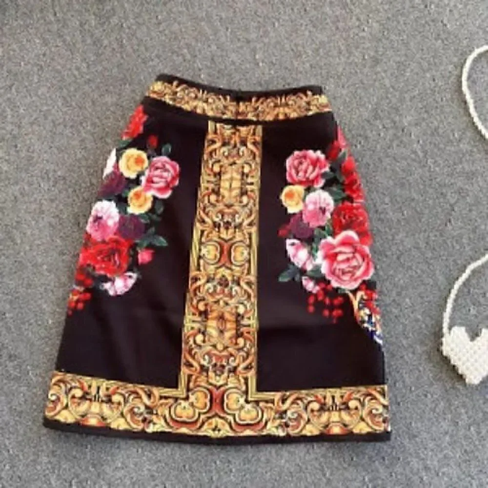 Vintage Floral Flower Collar Floral Print Lace Ruffles Top & Skirt XXL EURO